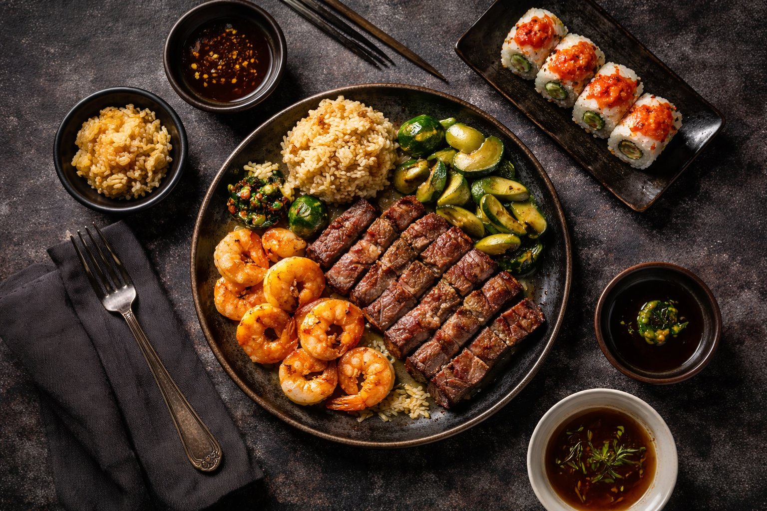 Saito's food spread featuring sushi and hibachi dishes